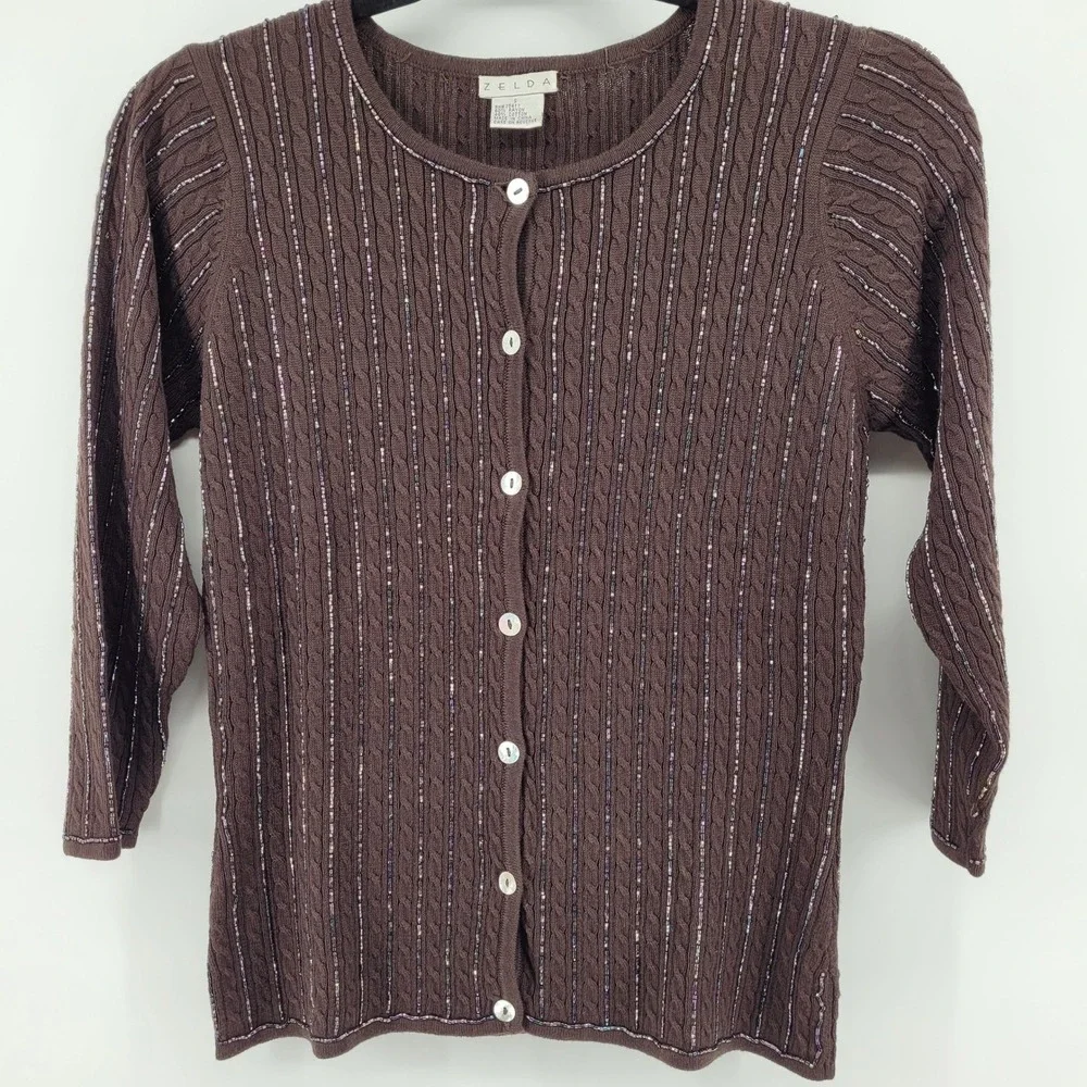 Zelda Womens Small Brown Beaded Cable Knit Cardigan Sweater Rayon Cotton Blend - Picture 2 of 12